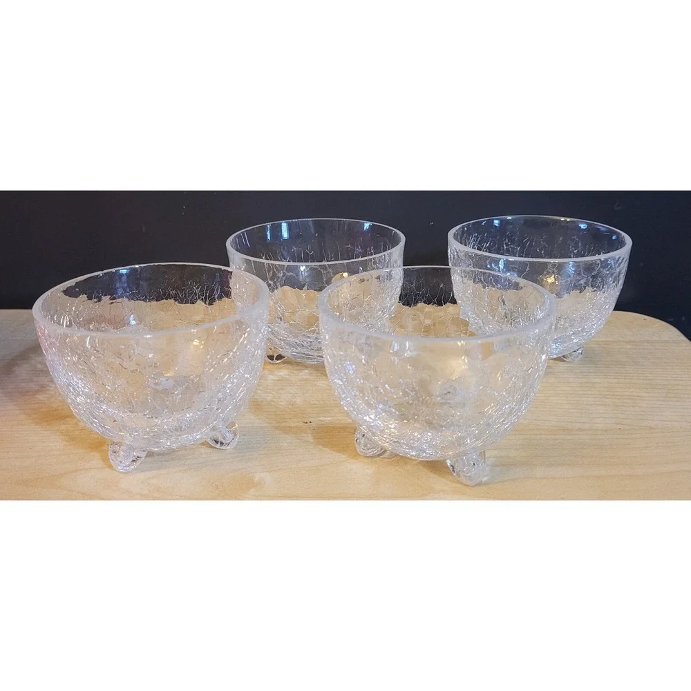 PIER 1 CLEAR CRACKLED GLASS FOOTED NUT BOWLS 3 3/4